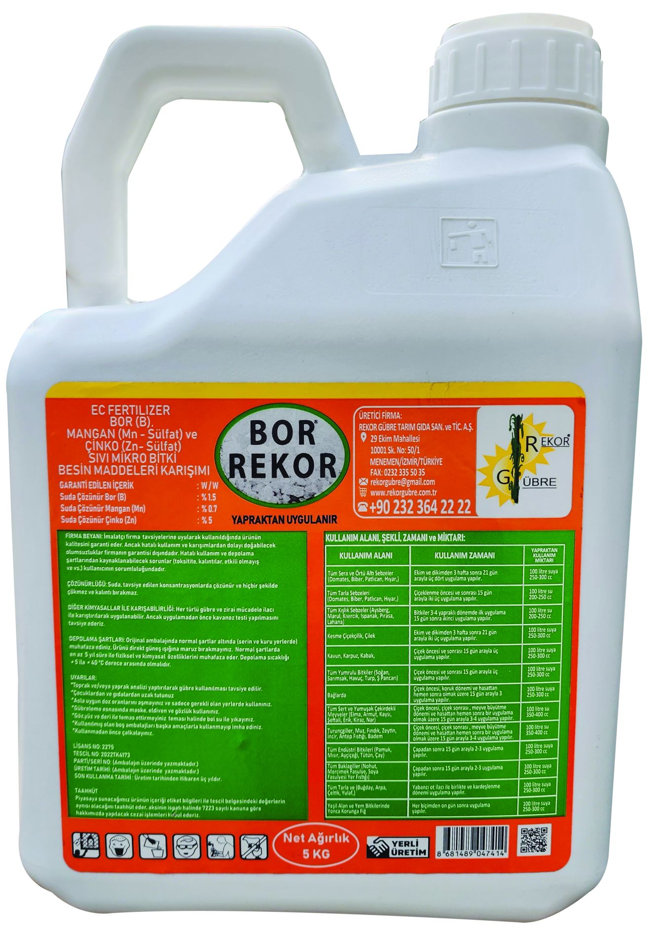 5 Kg BOR REKOR  Ec Fertılızer Bor  Mangan Çinko Sıvı Mikro Bitki Besin Maddeleri Karışımı Sıvı Yaprak Gübresi
