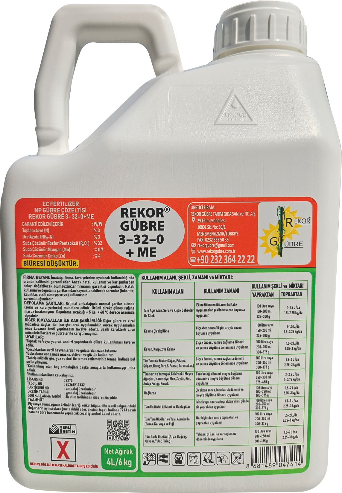 4L Rekor Gübre NP 3-32-0 +ME  ( Ec Fertilizer NP Gübre Çözeltisi)