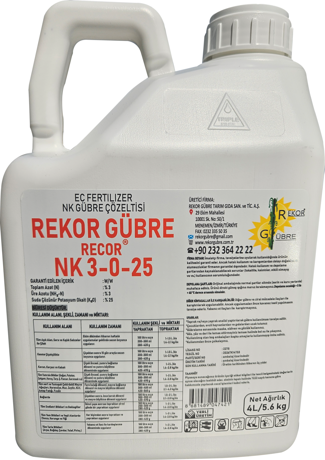 4L Rekor Gübre Recor NK 3-0-25   ( Ec Fertilizer NK Gübre Çözeltisi)